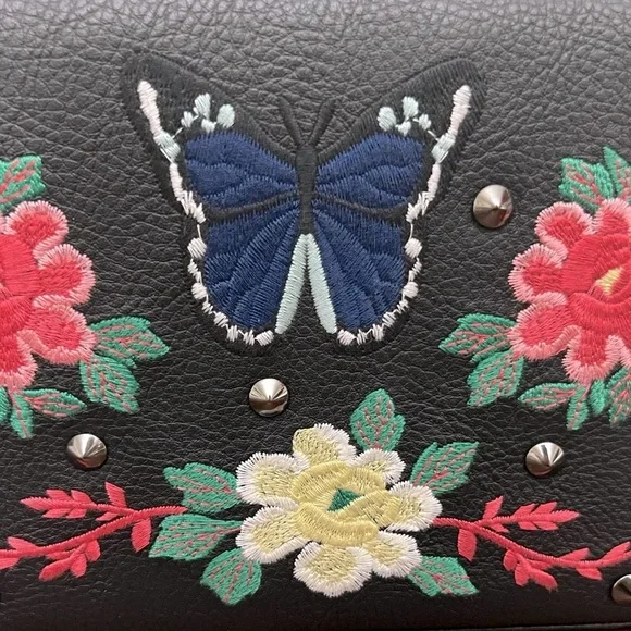 Nasty Gal Black faux leather embroidered Butterfly Flowers studs Crossbody Purse - Picture 6 of 12